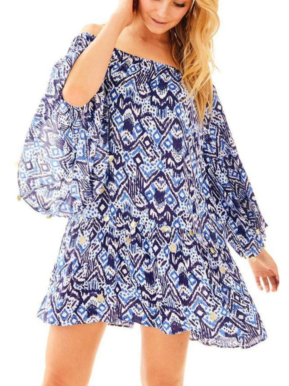 Lilly Pulitzer Blue Patterned Off-Shoulder Dress